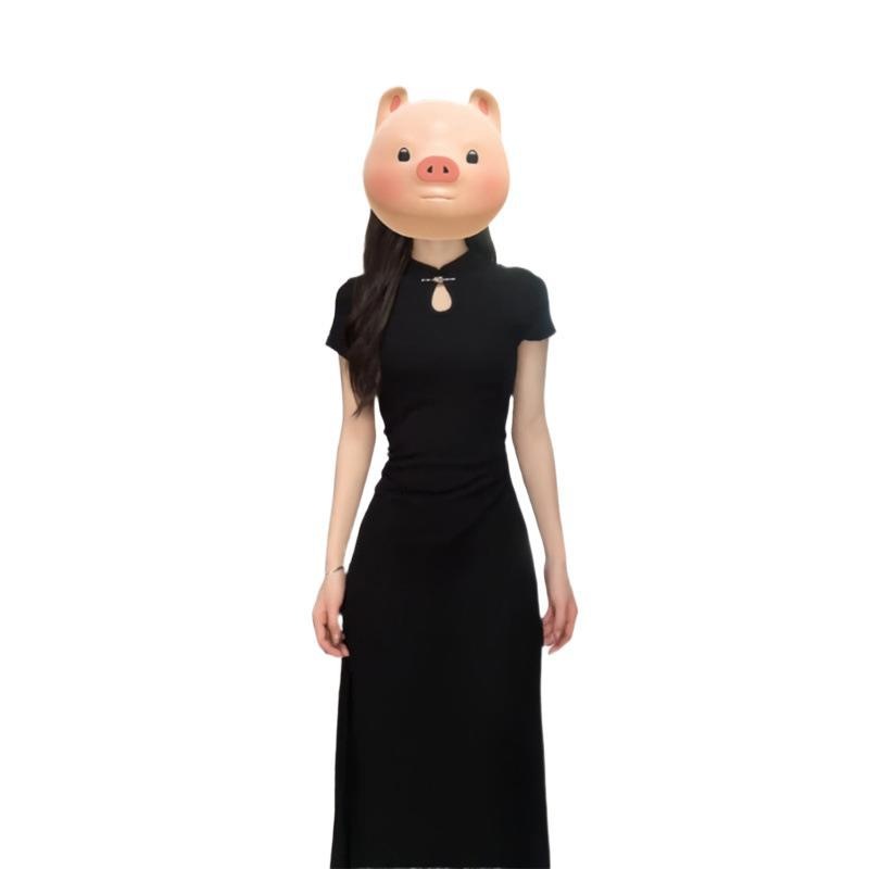 Cheongsam noir à manches courtes style traditionnel chinois ChicShe pour femme, collection été 2025, nouvelle taille S, coupe cintrée_voghion.com
