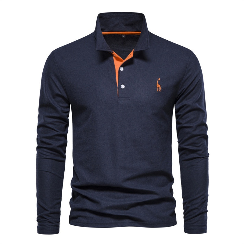 jongen 2024 Lente en Herfst Nieuwe Stijl Polo Shirt met Omgeslagen Kraag, Katoen, Modieus Casual Heren Polo Shirt met Hertenborduurwerk, Lange Mouwen_voghion.com