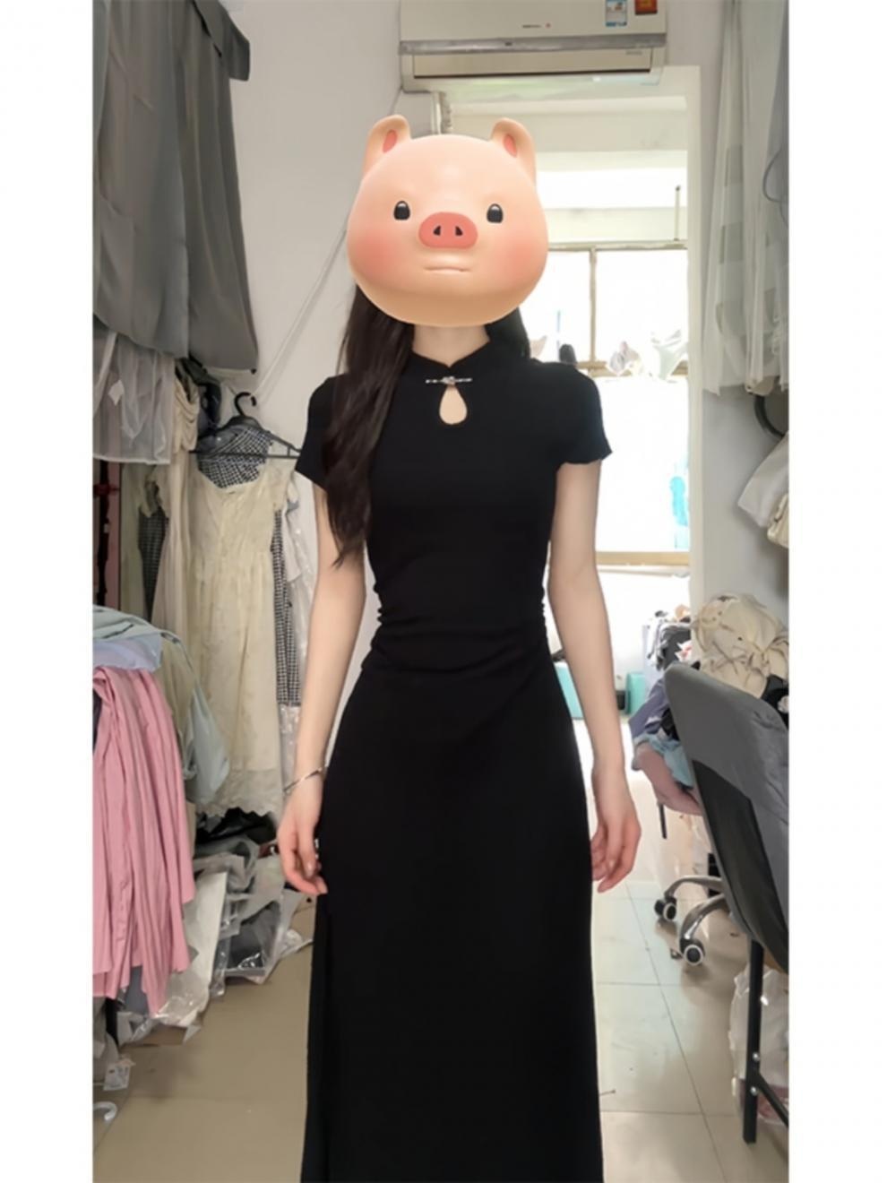 Cheongsam noir à manches courtes style traditionnel chinois ChicShe pour femme, collection été 2025, nouvelle taille S, coupe cintrée_voghion.com