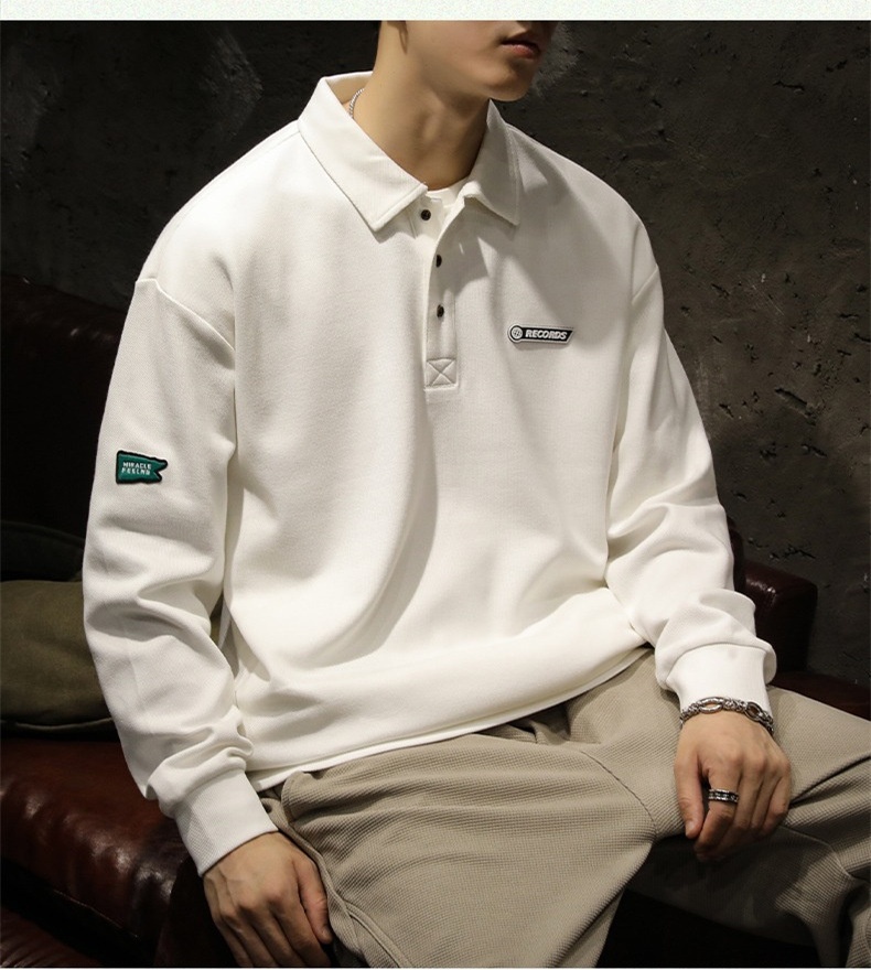 boy Boy American High Street Polo Shirt Men's Cotton Fleece Sweatshirt Long Sleeve Autumn Winter New White Turn-down Collar Top_voghion.com