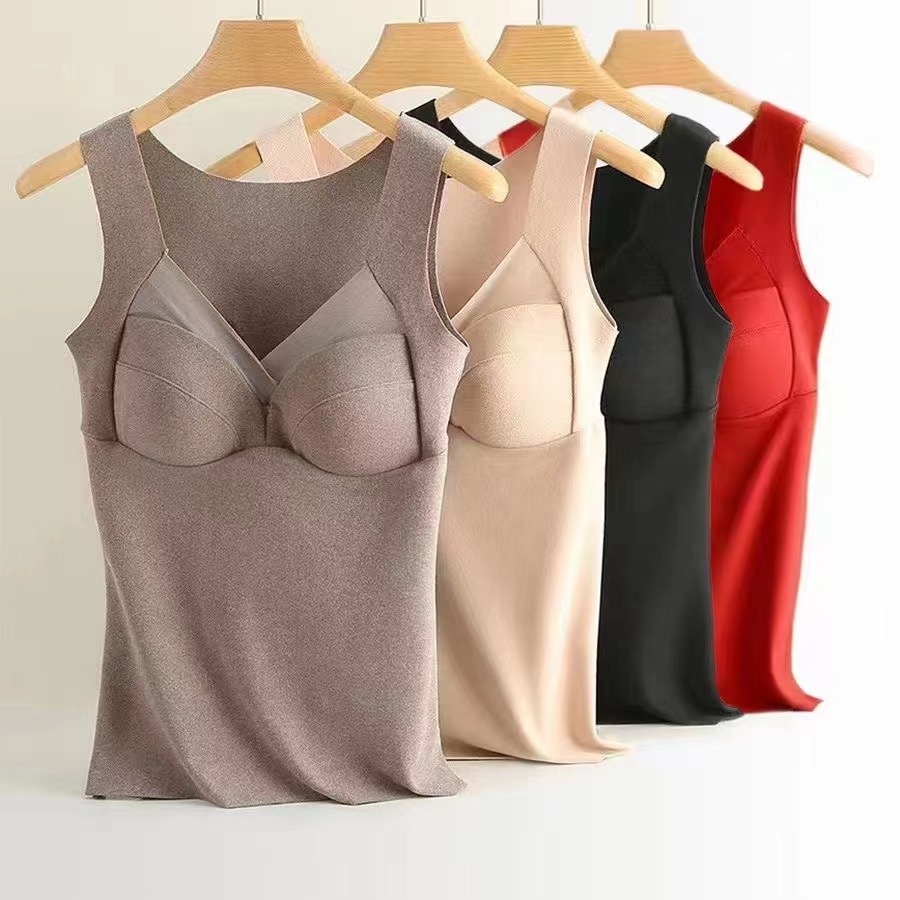girl Internet Celebrity Fleece-Lined Thermal Underwear For Women With Chest Pads, Women's Warm Vest, Winter Base Layer, Large_voghion.com