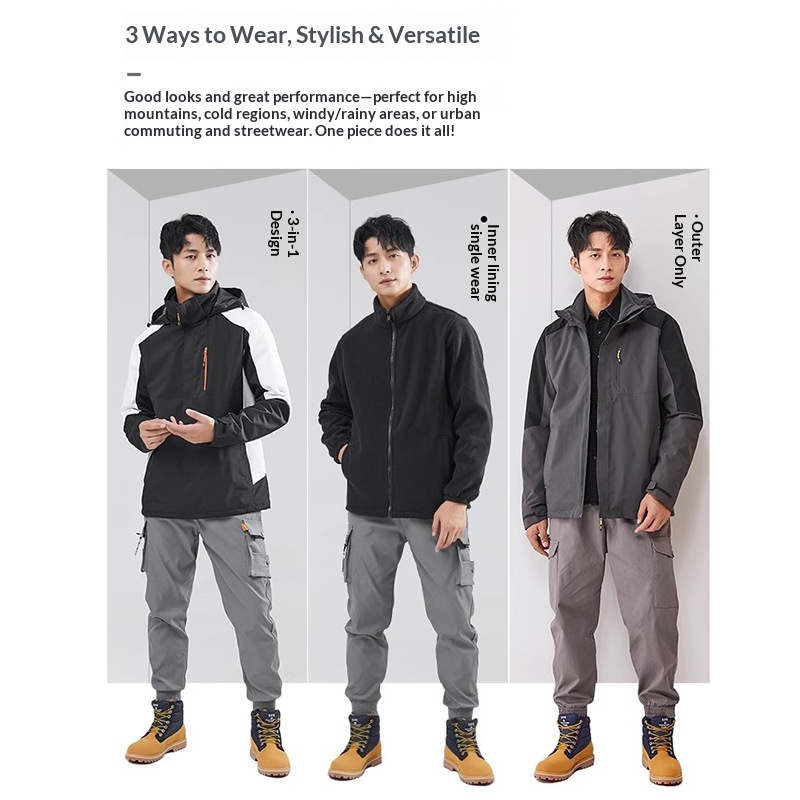 boy Boy Unisex Fleece-Lined Thickened Two-Piece Set Three-in-One Waterproof Breathable Mountaineer Ski Jacket With_voghion.com