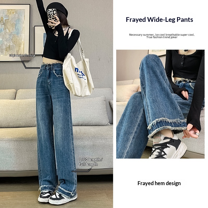 girl Vintage Blue Wide-Leg Jeans 2022 Spring And Autumn New High-Waisted Slimming Frayed Edge Fleece-Lined Straight-Leg Pants_voghion.com