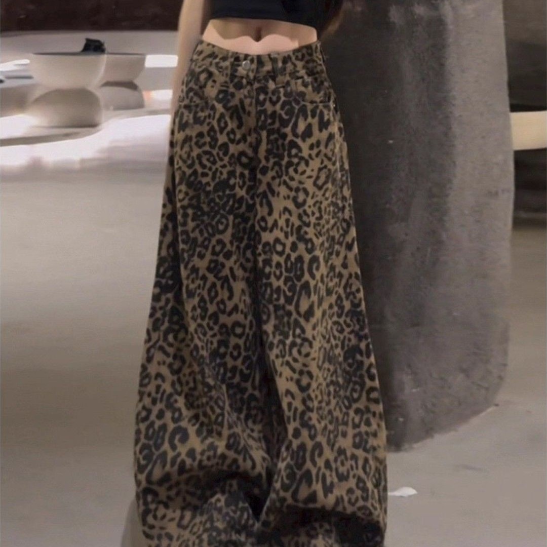 girl American Retro Leopard Print Wide-Leg Jeans For Women Winter Thin 2025 New High Street Slim Loose Straight Floor-Length_voghion.com