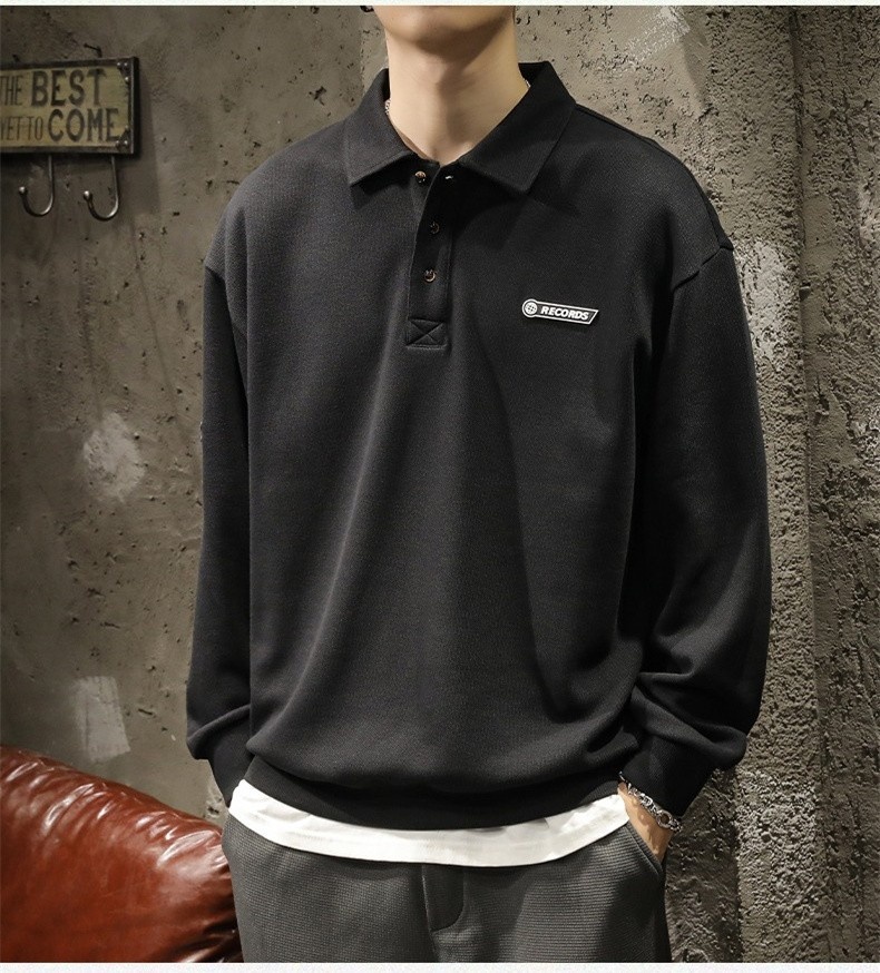 boy Boy American High Street Polo Shirt Men's Cotton Fleece Sweatshirt Long Sleeve Autumn Winter New White Turn-down Collar Top_voghion.com