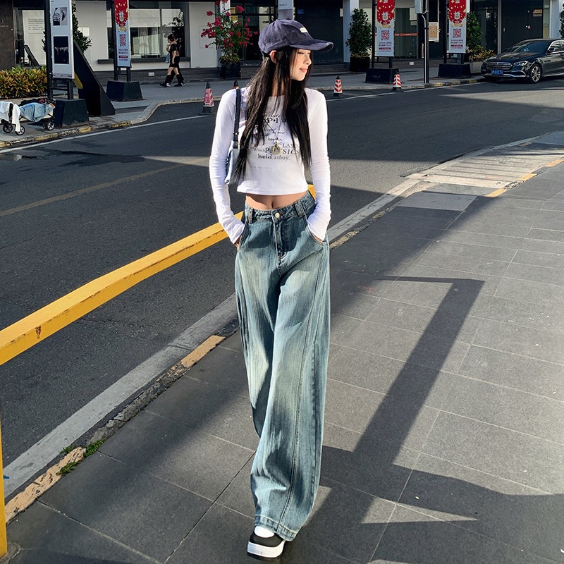 American Retro Wide-Leg Jeans für Damen, Herbst/Winter 2024, neues Design mit hohem Bund, lockerer Passform und geradem Bein_voghion.com