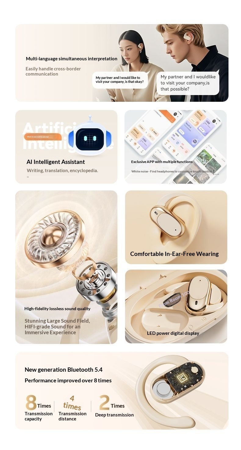 Écouteurs intra-auriculaires Bluetooth NeoGear 2025 : nouvelle technologie sans fil, conduction ouverte, IA, traduction intelligente, autonomie ultra longue, réduction du bruit pour le sport_voghion.com