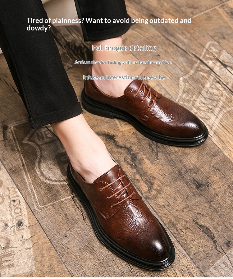 Sapatos casuais masculinos Voyage de cano baixo, bico fino, estilo brogue retrô, em couro, respiráveis e ideais para o outono e inverno._voghion.com