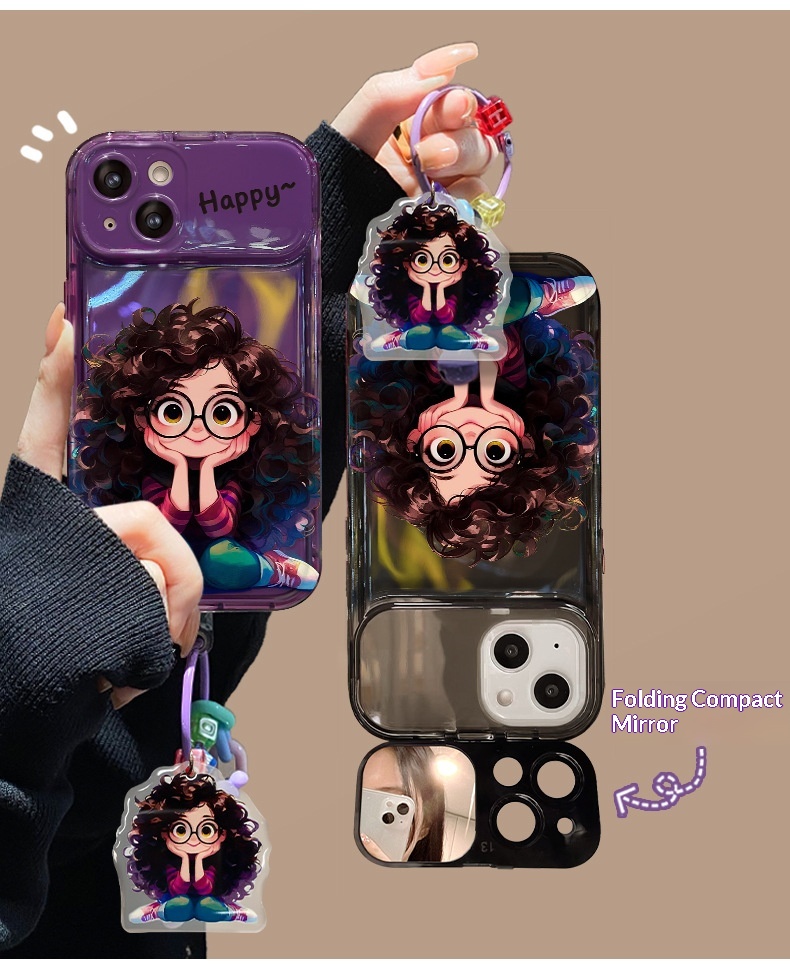 TechGlobe Fluffy Glasses Girl Pendant Compatible With 14pm Phone Case IPhone 15 Flip Mirror 13/12 Transparent 7_voghion.com