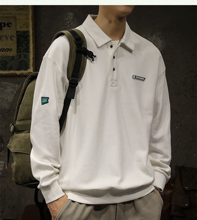 boy Boy American High Street Polo Shirt Men's Cotton Fleece Sweatshirt Long Sleeve Autumn Winter New White Turn-down Collar Top_voghion.com