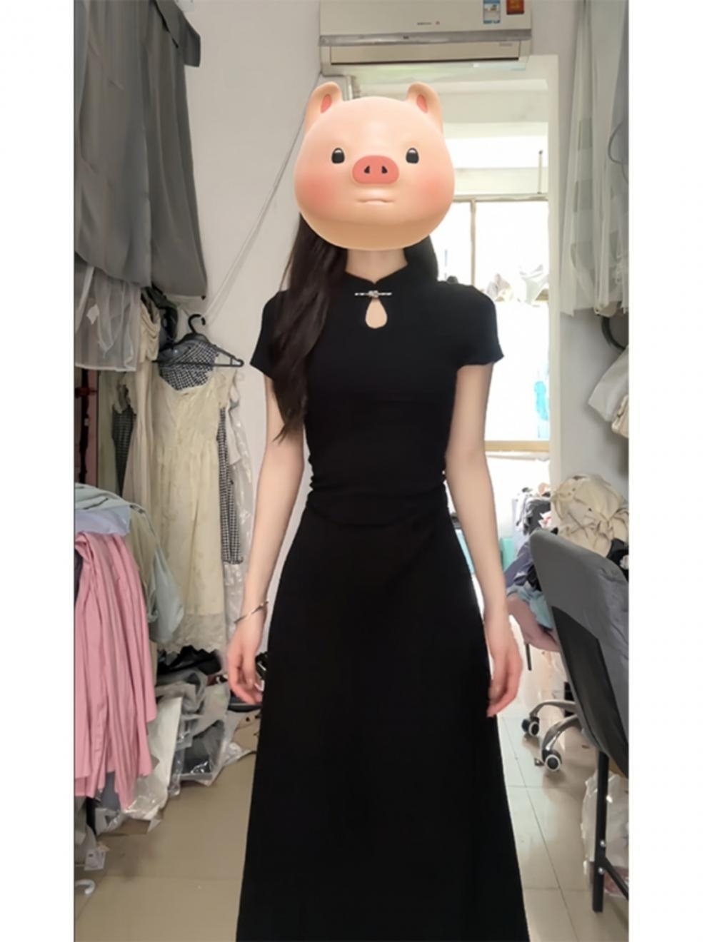 Cheongsam noir à manches courtes style traditionnel chinois ChicShe pour femme, collection été 2025, nouvelle taille S, coupe cintrée_voghion.com