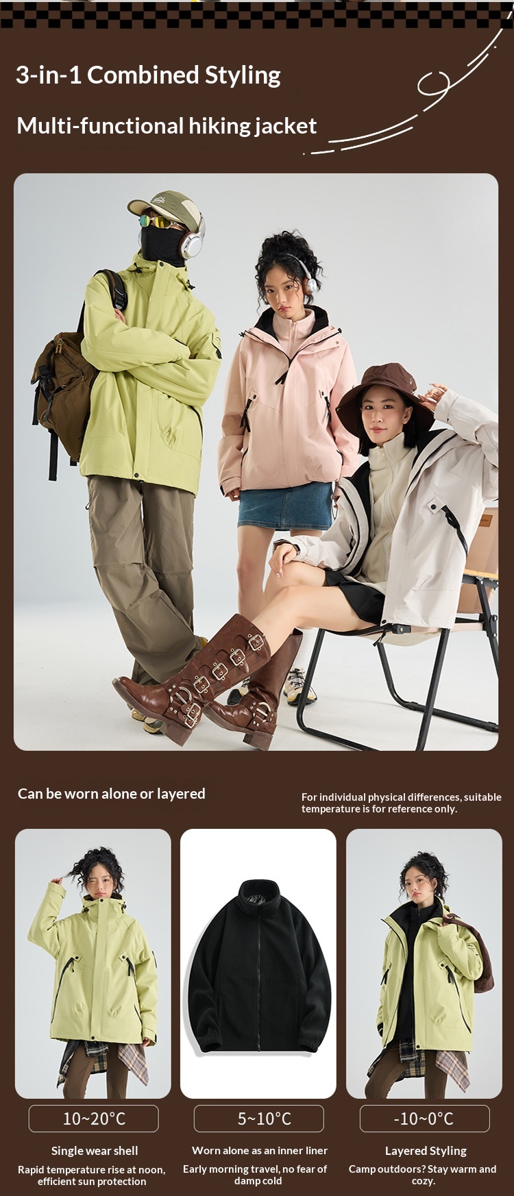 Boy Mountain Style Damen 3-in-1 Jacke Herren Outdoor Winddicht Wasserdicht Locker Übergröße Mantel Herausnehmbares Innenfutter_voghion.com