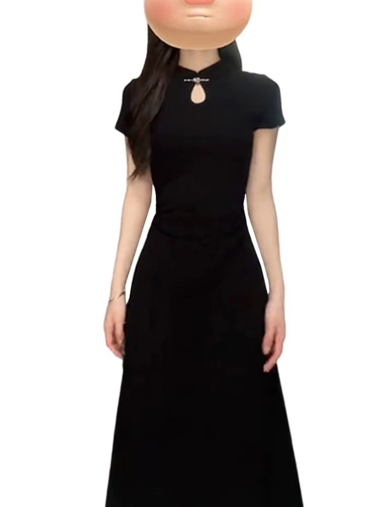 Cheongsam noir à manches courtes style traditionnel chinois ChicShe pour femme, collection été 2025, nouvelle taille S, coupe cintrée_voghion.com
