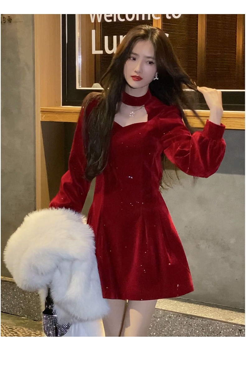 Robe courte ChicShe en velours rouge pour femme, style déesse, automne-Nouvel An, taille S/F, style Hepburn._voghion.com