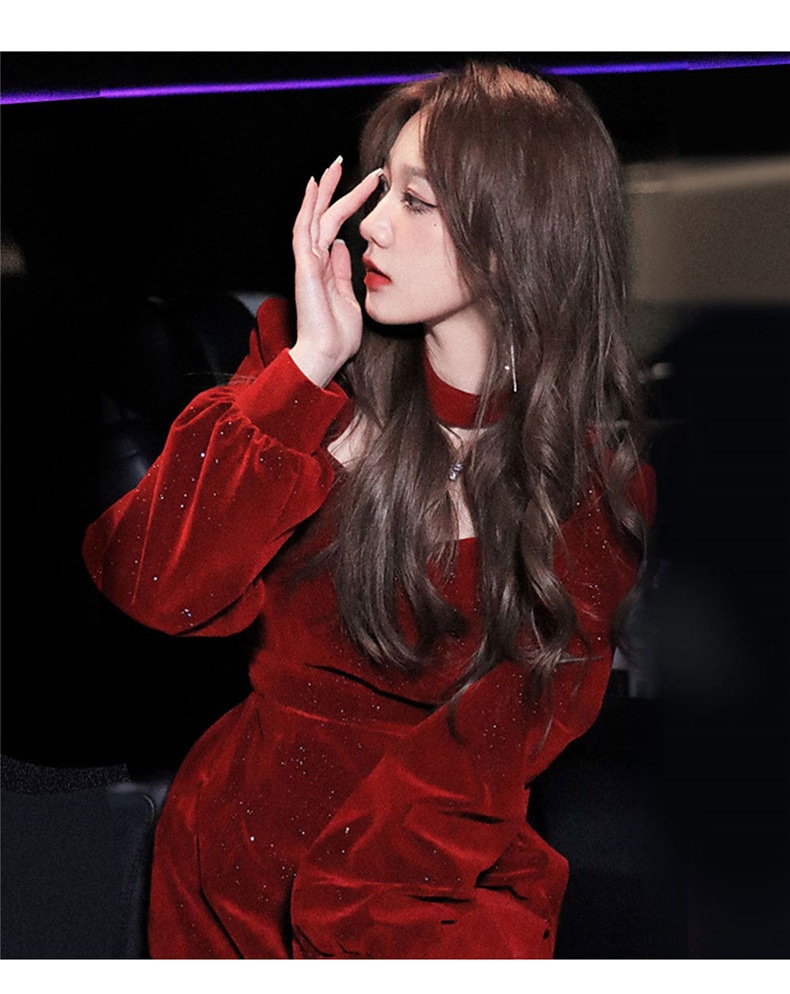 Robe courte ChicShe en velours rouge pour femme, style déesse, automne-Nouvel An, taille S/F, style Hepburn._voghion.com