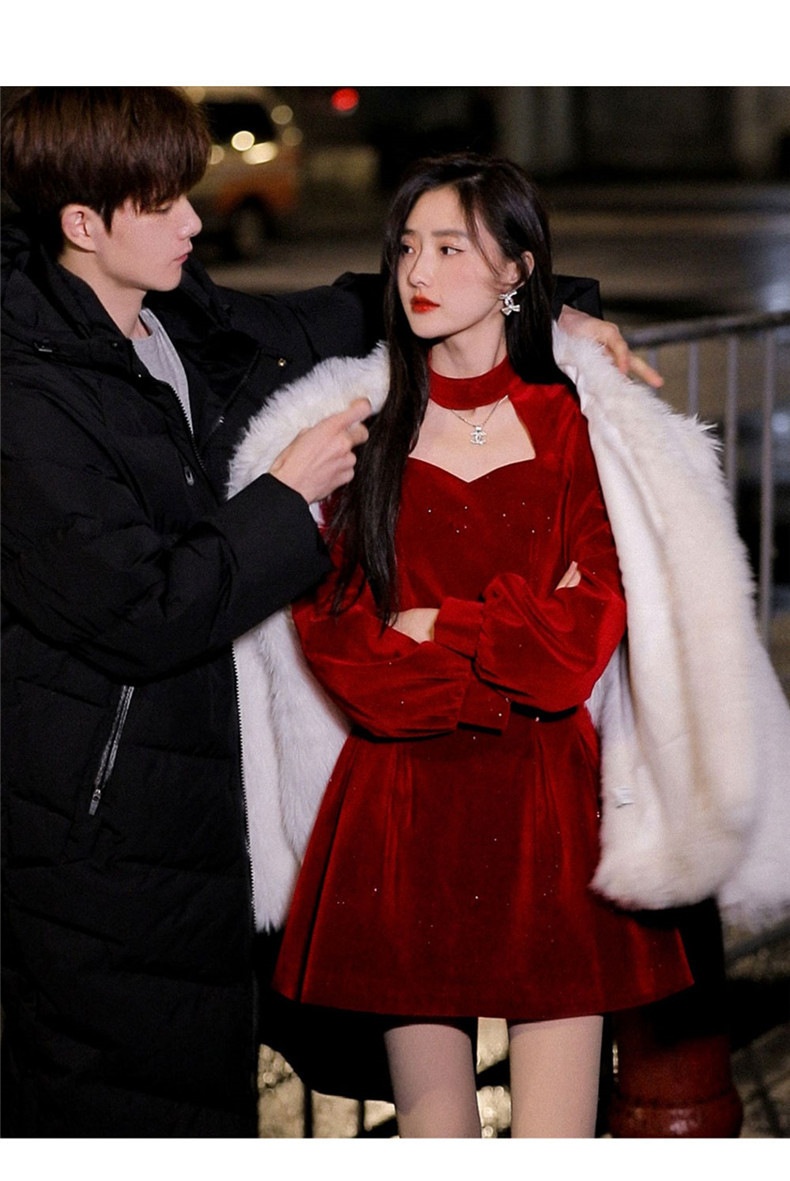 Robe courte ChicShe en velours rouge pour femme, style déesse, automne-Nouvel An, taille S/F, style Hepburn._voghion.com