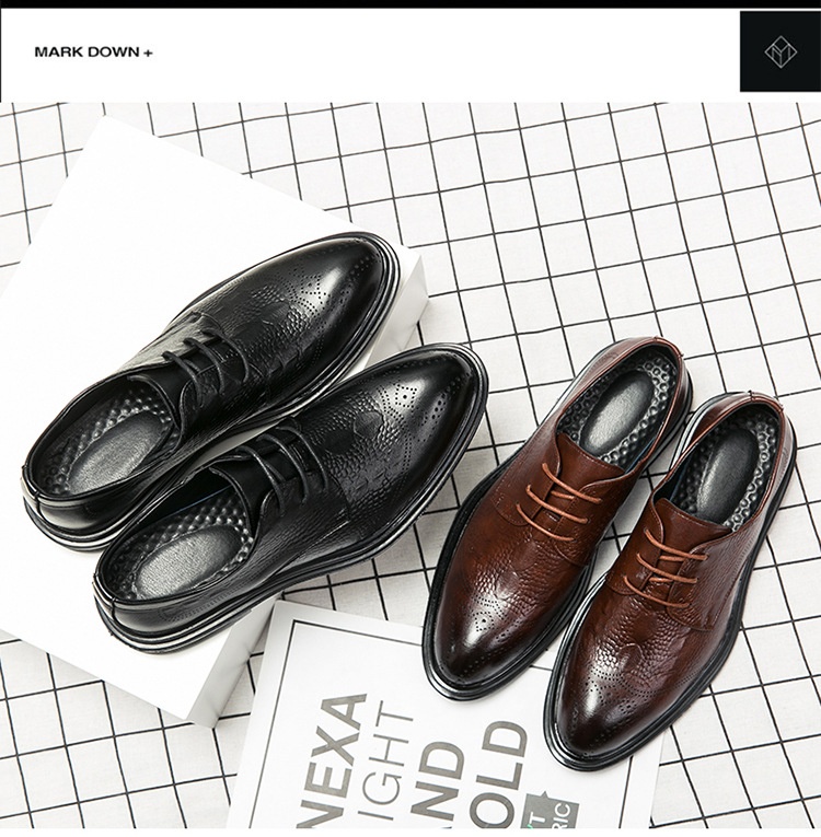 Sapatos casuais masculinos Voyage de cano baixo, bico fino, estilo brogue retrô, em couro, respiráveis e ideais para o outono e inverno._voghion.com