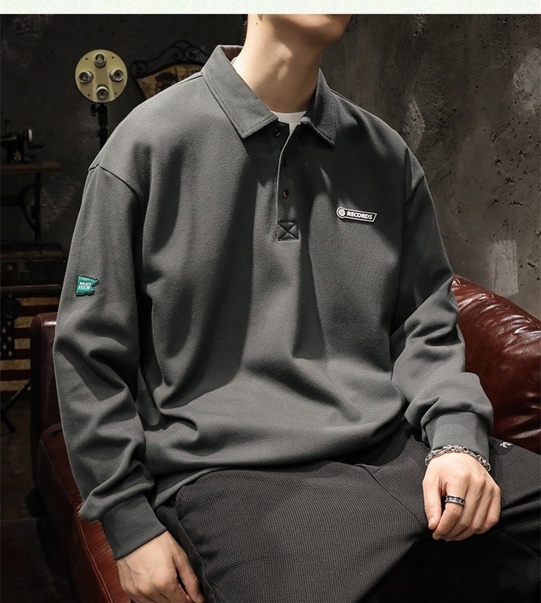 boy Boy American High Street Polo Shirt Men's Cotton Fleece Sweatshirt Long Sleeve Autumn Winter New White Turn-down Collar Top_voghion.com