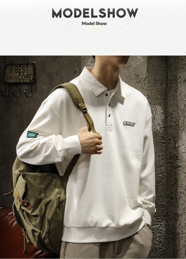 boy Boy American High Street Polo Shirt Men's Cotton Fleece Sweatshirt Long Sleeve Autumn Winter New White Turn-down Collar Top_voghion.com