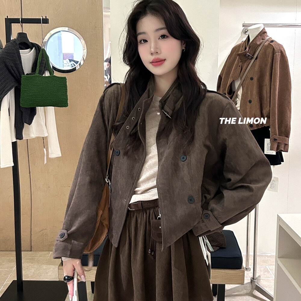 2025 Autumn Women's Clothing The Lemon Green Tea Retro Suede Jacket Coat For Women Stand Collar Short Top_voghion.com