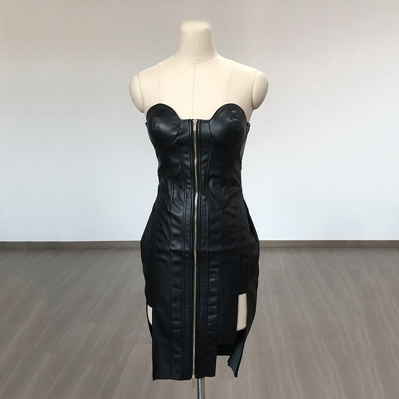 ChicShe ChicShe Haut tube noir moulant en cuir PU pour femme, style européen et américain, robe de soirée élégante et fuselée, best-seller_voghion.com