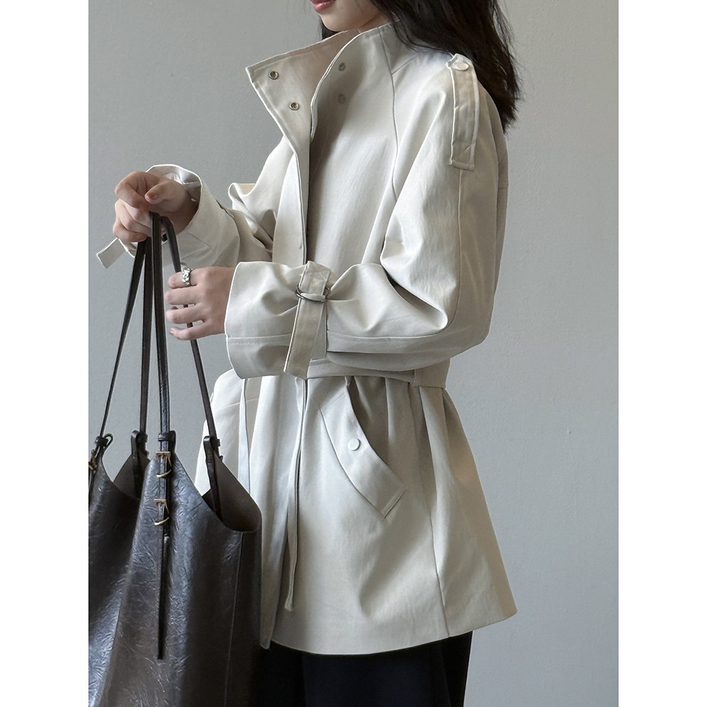 Women's Clothing Women's Clothing Yanshuang British Style Stand Collar Trench Women, Loose Casual Tie Waist Short Coat For Autumn 82585_voghion.com