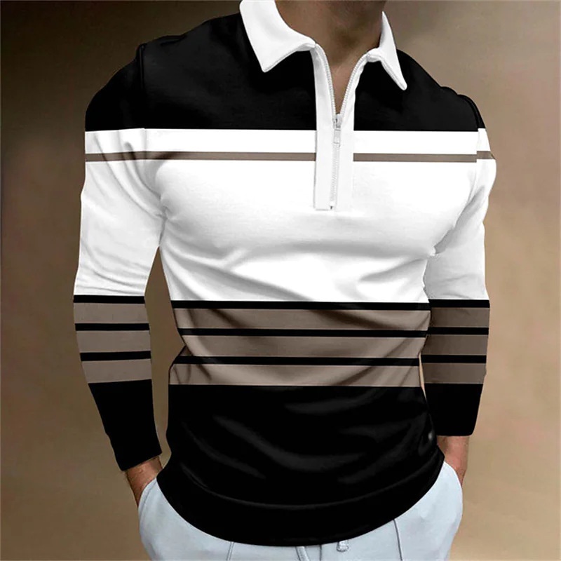 boy Boy Cross-Border New Striped 3-Color Shirt Spring And Autumn Long Sleeve Zipper Turn-Down Collar Casual Plus Size Men's Polo_voghion.com