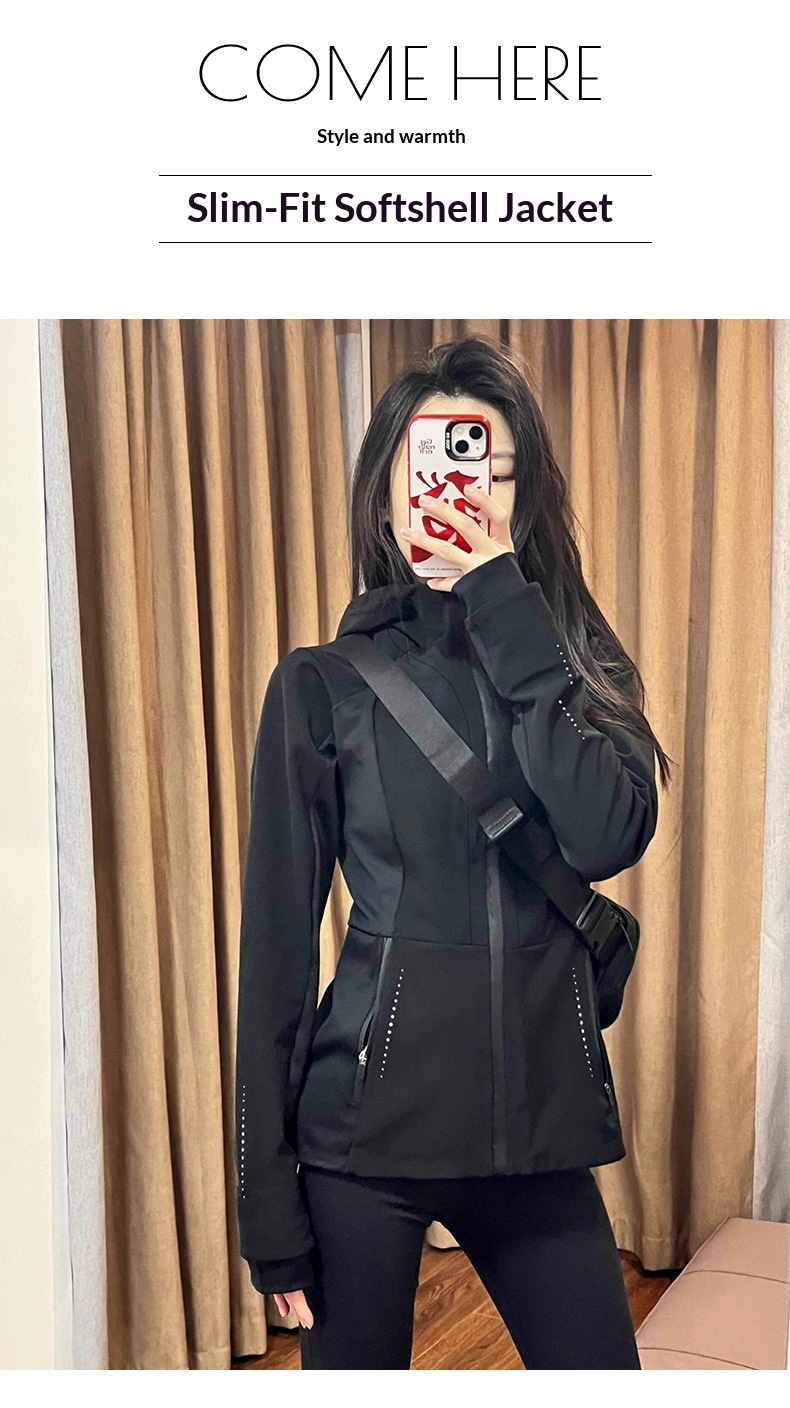 Nouveauté 2025 : Veste softshell noire slim fit pour femme, idéale pour les activités de plein air en début d'automne et d'hiver, avec ceinture cintrée._voghion.com