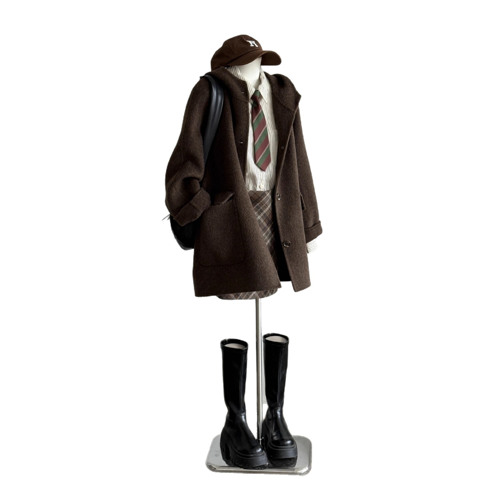 2025 Autumn Winter New Double-Sided Cashmere Loose Duffle Hooded Mid-Length Petite Woolen Coat_voghion.com