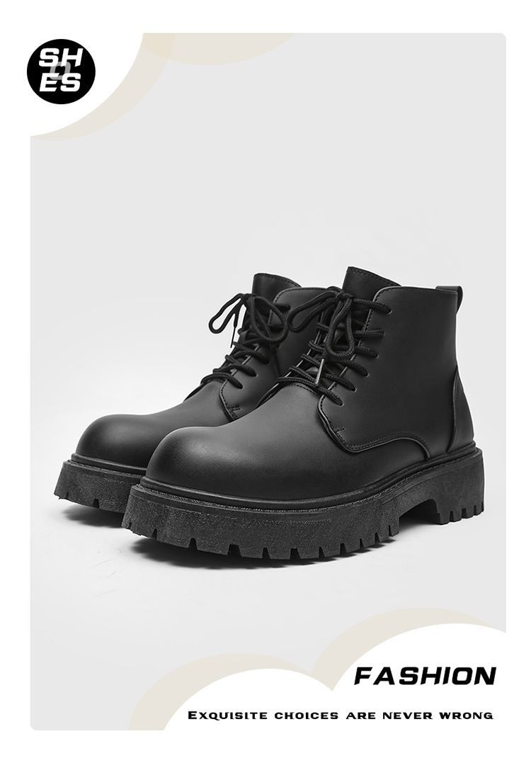 Bottes montantes Derby à gros bout, style britannique et hongkongais, en cuir noir, pour homme, rehaussantes, idéales pour le travail._voghion.com