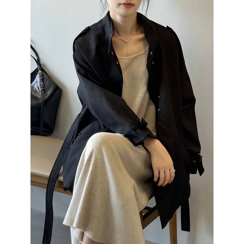 Women's Clothing Women's Clothing Yanshuang British Style Stand Collar Trench Women, Loose Casual Tie Waist Short Coat For Autumn 82585_voghion.com
