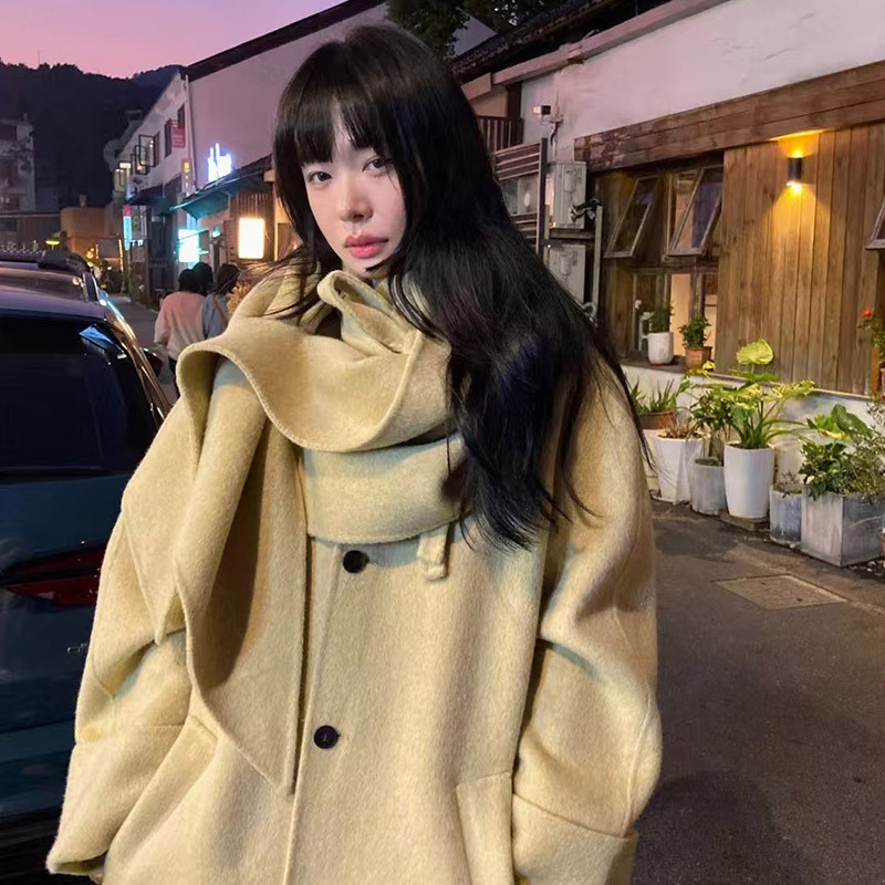 2025 Winter New Korean Style Elegant Stand Slimming Scarf Collar Mid-Length Double-Sided Wool Coat For Women_voghion.com