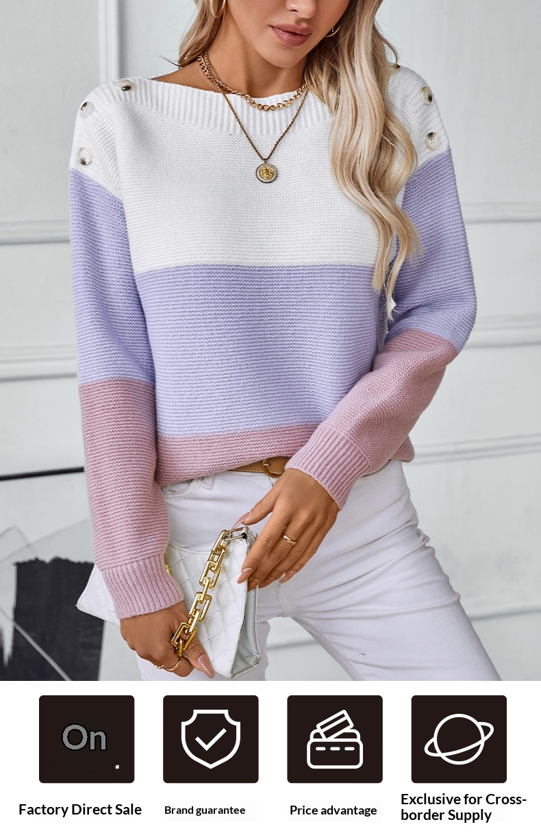 ChicShe ChicShe Rainy Color Block Off-Shoulder Button Pullover Women's European And American Style Sweater Autumn Winter Casual Loose_voghion.com