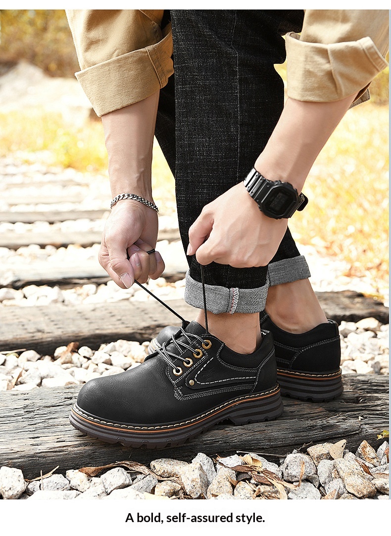 Chaussures de travail d'extérieur WalkPrime en cuir véritable de vachette, transfrontalières européennes et américaines, avec large embout de sécurité, résistantes à l'usure et antidérapantes._voghion.com