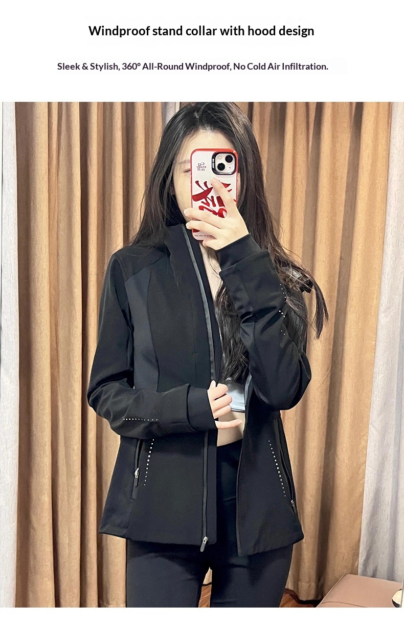 Nouveauté 2025 : Veste softshell noire slim fit pour femme, idéale pour les activités de plein air en début d'automne et d'hiver, avec ceinture cintrée._voghion.com