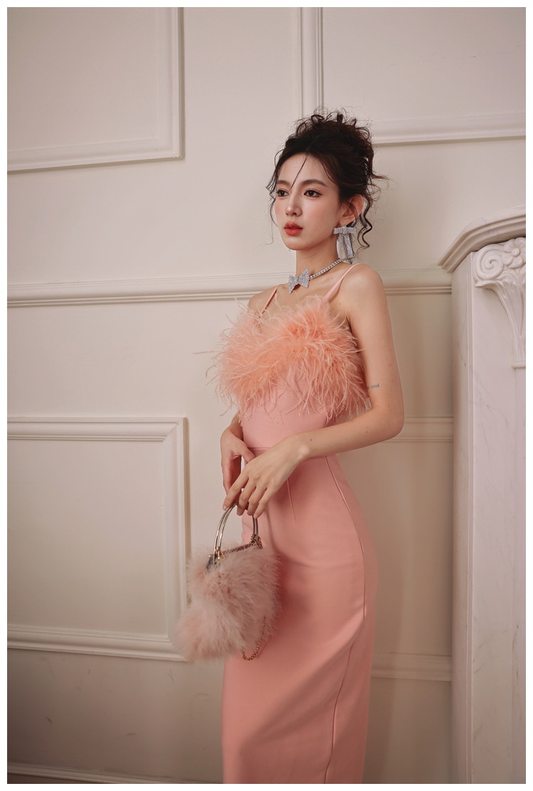ChicShe ChicShe Soirée 2025 Nouvelle robe bustier rose pêche haut de gamme en plumes d'autruche pour anniversaire petite taille_voghion.com