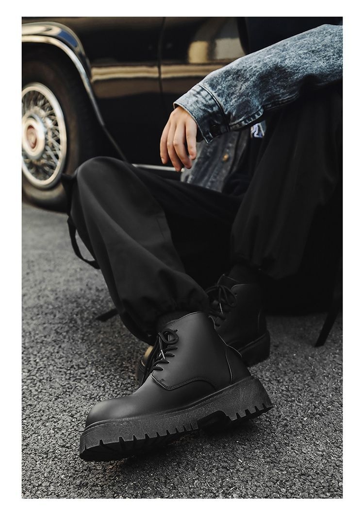 Bottes montantes Derby à gros bout, style britannique et hongkongais, en cuir noir, pour homme, rehaussantes, idéales pour le travail._voghion.com