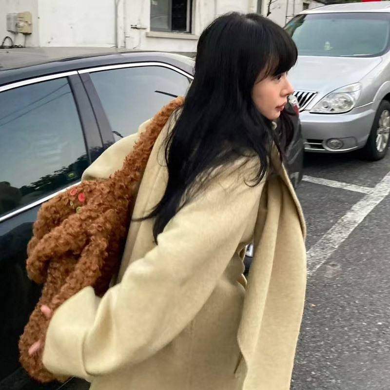 2025 Winter New Korean Style Elegant Stand Slimming Scarf Collar Mid-Length Double-Sided Wool Coat For Women_voghion.com