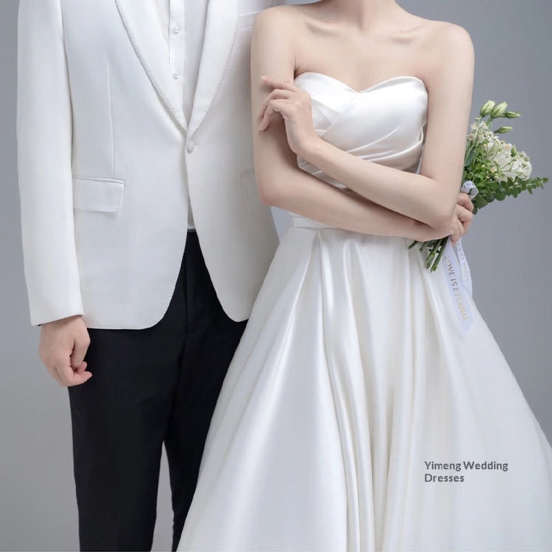 ChicShe ChicShe Franse stijl satijnen trouwjurk, klein, high-end gevoel, petite strapless bruidsjurk, lichte receptiejurk_voghion.com