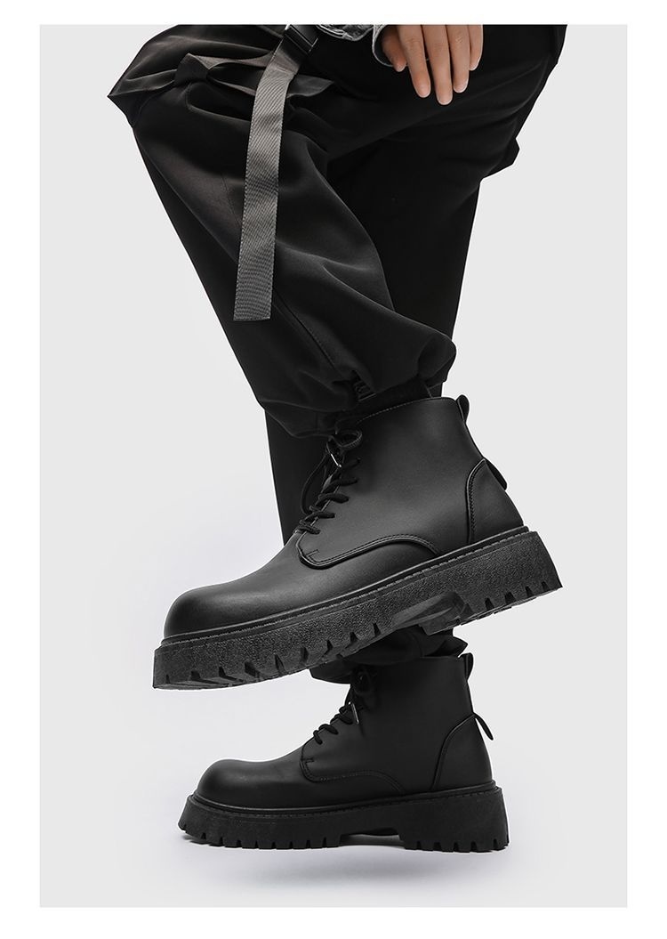 Bottes montantes Derby à gros bout, style britannique et hongkongais, en cuir noir, pour homme, rehaussantes, idéales pour le travail._voghion.com