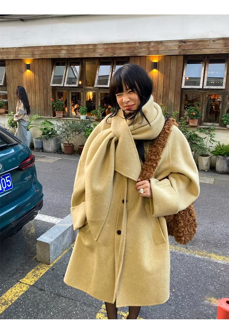 2025 Winter New Korean Style Elegant Stand Slimming Scarf Collar Mid-Length Double-Sided Wool Coat For Women_voghion.com