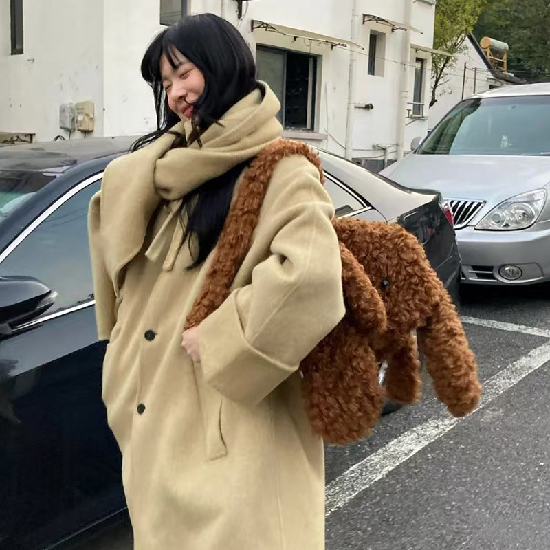 2025 Winter New Korean Style Elegant Stand Slimming Scarf Collar Mid-Length Double-Sided Wool Coat For Women_voghion.com