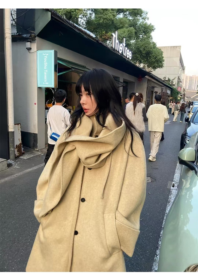 2025 Winter New Korean Style Elegant Stand Slimming Scarf Collar Mid-Length Double-Sided Wool Coat For Women_voghion.com