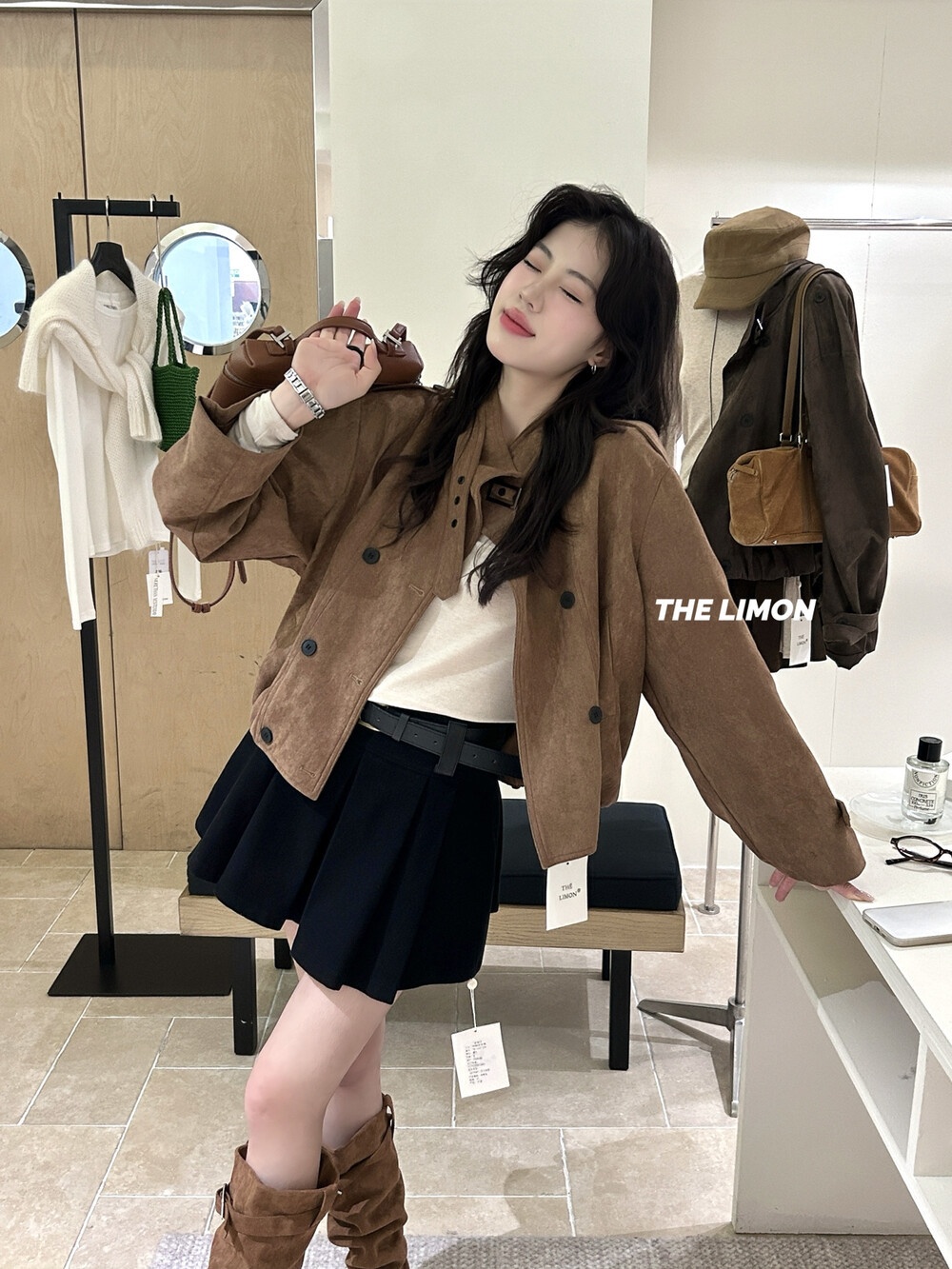 2025 Autumn Women's Clothing The Lemon Green Tea Retro Suede Jacket Coat For Women Stand Collar Short Top_voghion.com