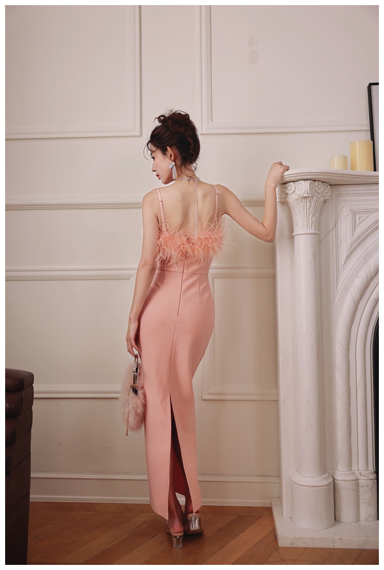 ChicShe ChicShe Soirée 2025 Nouvelle robe bustier rose pêche haut de gamme en plumes d'autruche pour anniversaire petite taille_voghion.com