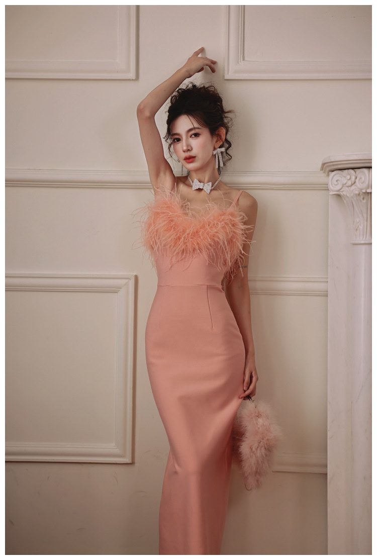 ChicShe ChicShe Soirée 2025 Nouvelle robe bustier rose pêche haut de gamme en plumes d'autruche pour anniversaire petite taille_voghion.com