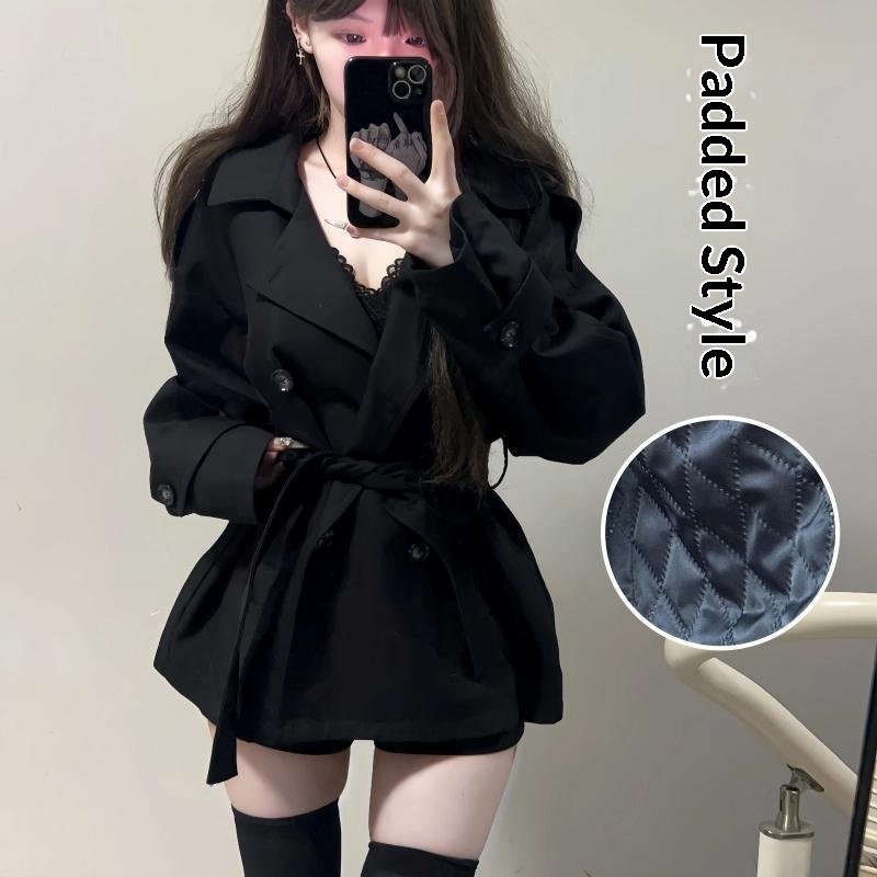 Women's Clothing Women's British Short Trench Coat Black Double-Breasted Petite Women Autumn Winter New High-End Waist-Cinching Little_voghion.com