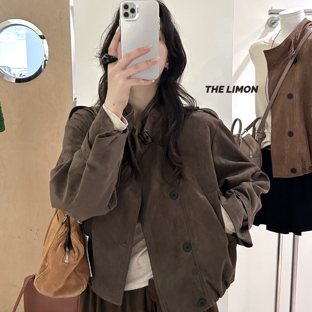 2025 Autumn Women's Clothing The Lemon Green Tea Retro Suede Jacket Coat For Women Stand Collar Short Top_voghion.com