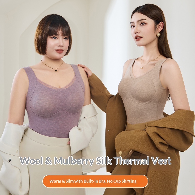 girl Wool Silk Vest Seamless Lace Brushed Large Size Thermal Underwear Integrated With Chest Pad Base Shirt_voghion.com