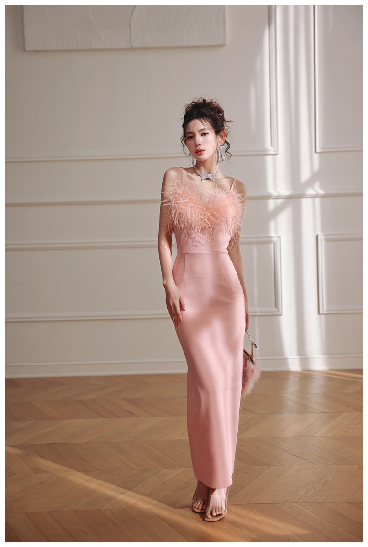 ChicShe ChicShe Soirée 2025 Nouvelle robe bustier rose pêche haut de gamme en plumes d'autruche pour anniversaire petite taille_voghion.com